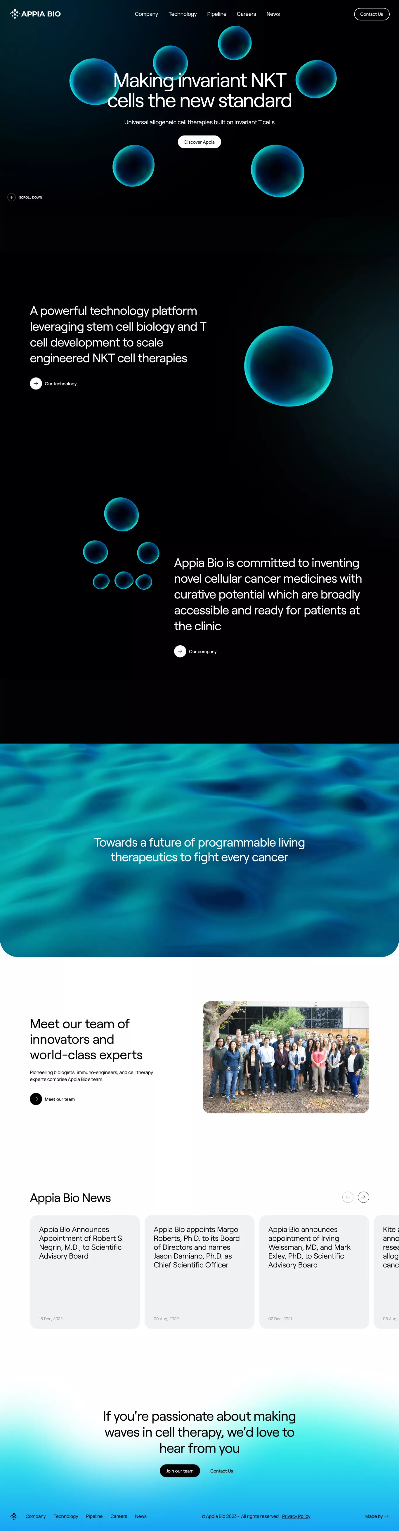 Appia Bio landing page screenshot showcasing Medical and Tech design