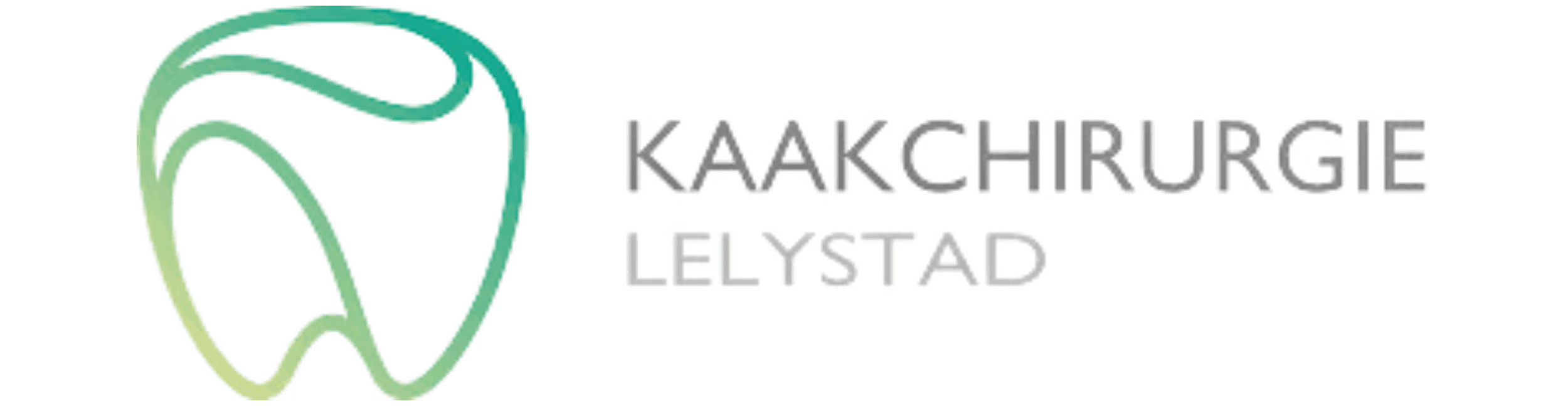 An abstract green outline of a tooth logo next to the text "Kaakchirurgie Lelystad" on a light, transparent background, representing a dental surgery practice in Lelystad.