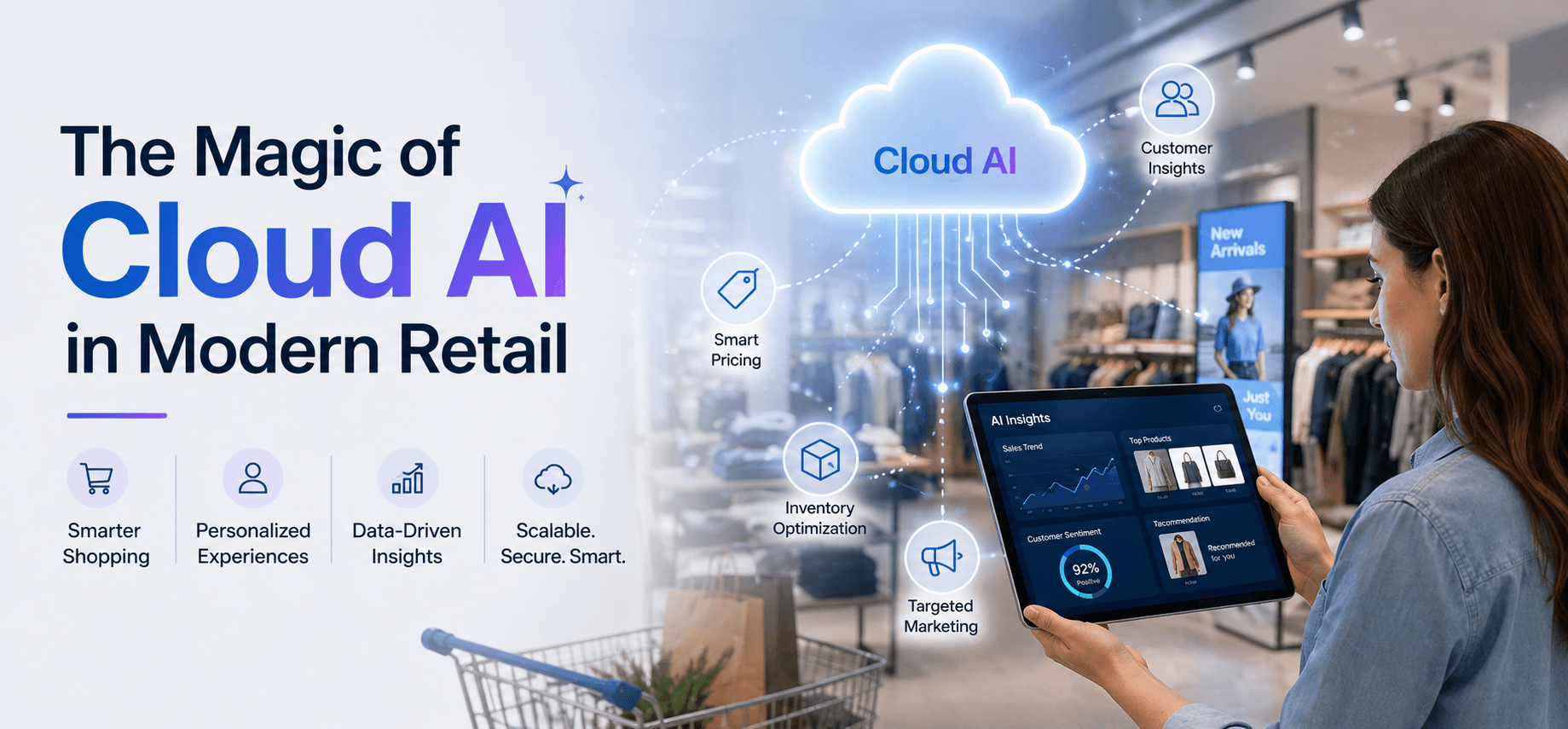 Retail professional using a tablet with cloud AI analytics dashboard in a store, illustrating data-driven insights and smart retail solutions by Artonest