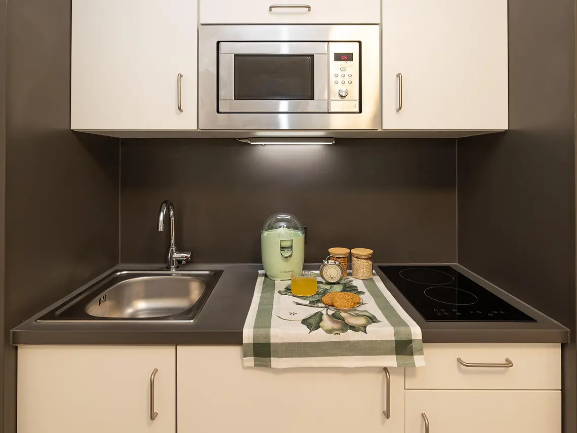 Private kitchenette in student accommodation in Darmstadt with cooking facilities and storage