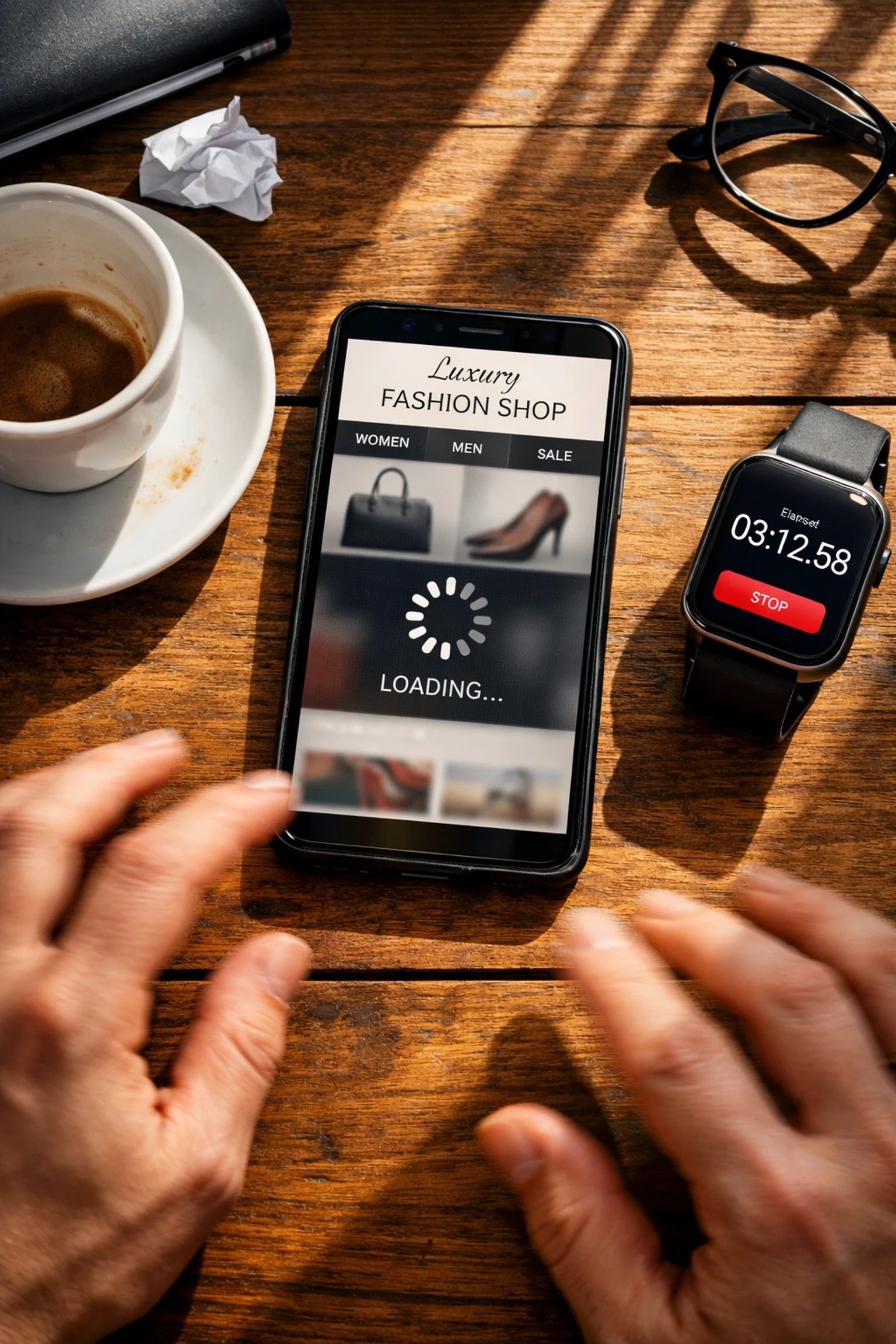 Mobile phone displaying slow-loading ecommerce site with impatient user and elapsed time indicator