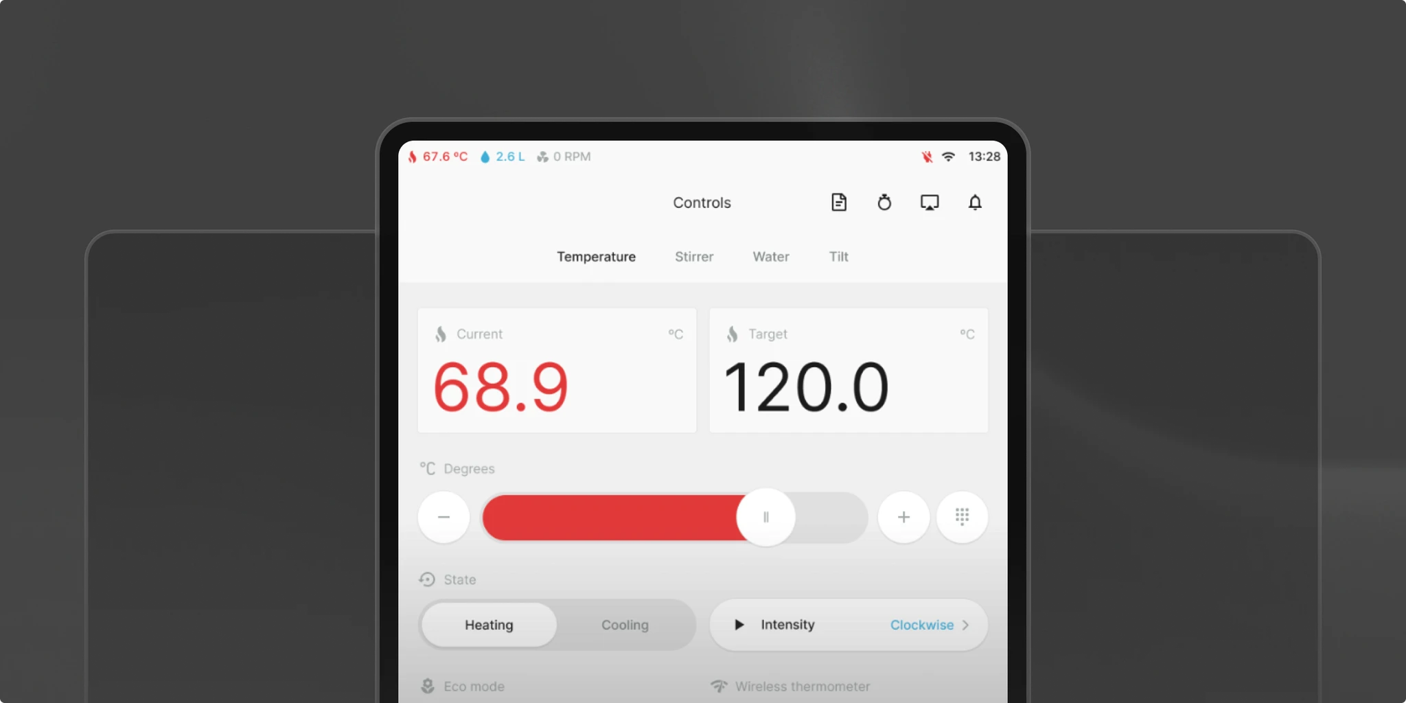 Tablet interface displaying temperature controls with a current reading of 68.9°C and a target of 120.0°C, along with options for heating, cooling, and intensity adjustments on a clean, minimalistic design.