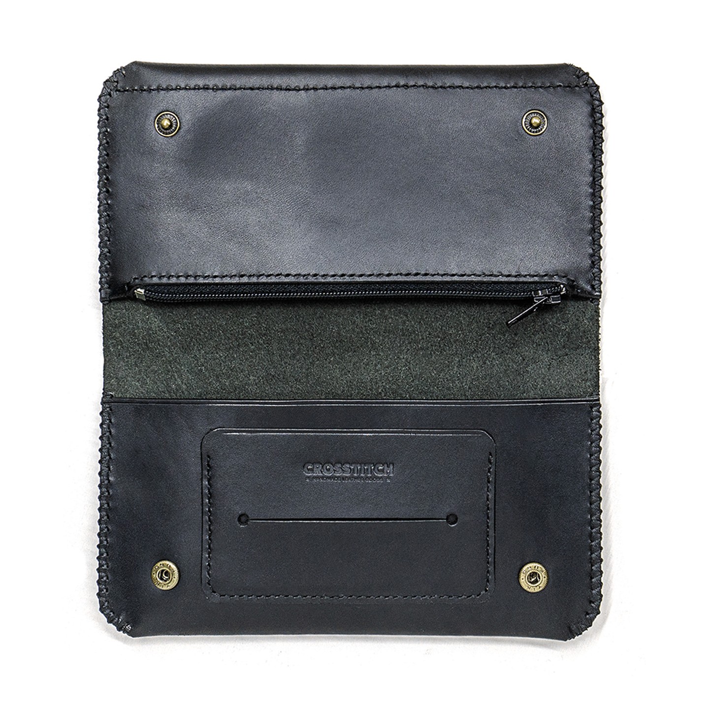 Handmade Black leather tobacco pouch open empty