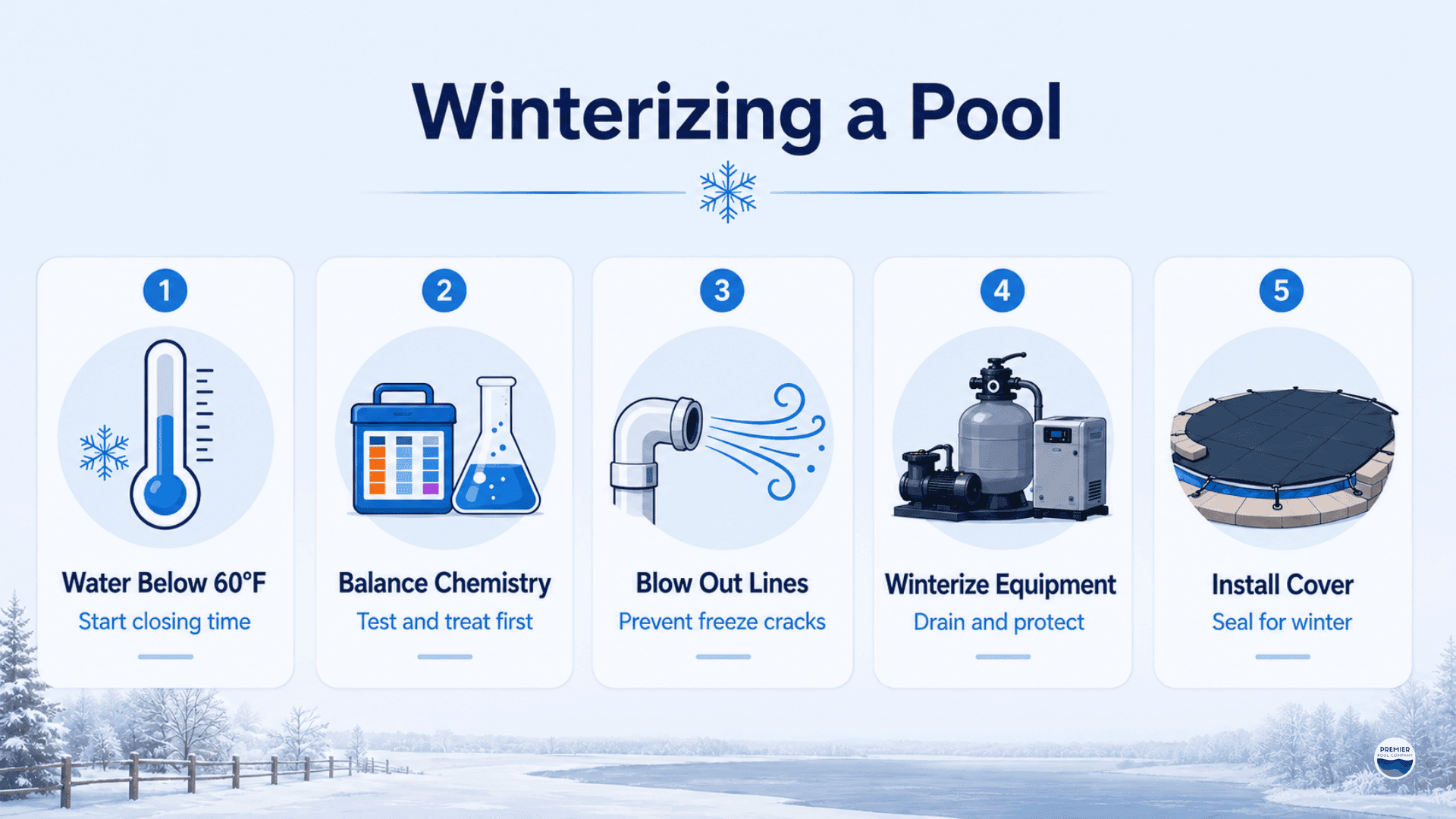 Quick guide infographic showing key steps for winterizing a swimming pool