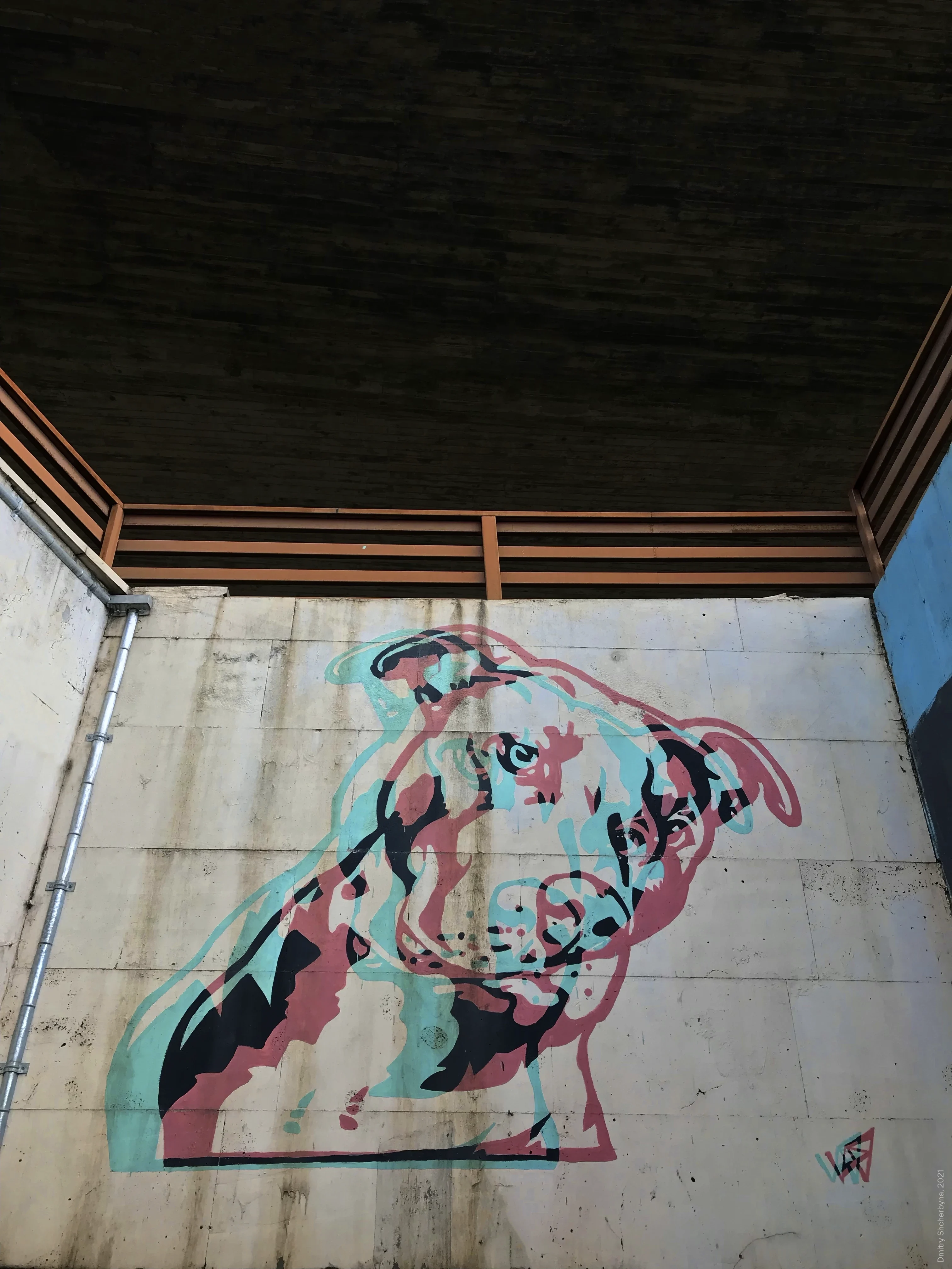 A large street mural of a pit bull, painted in pink, mint green and black, on a concrete wall beneath an overpass.