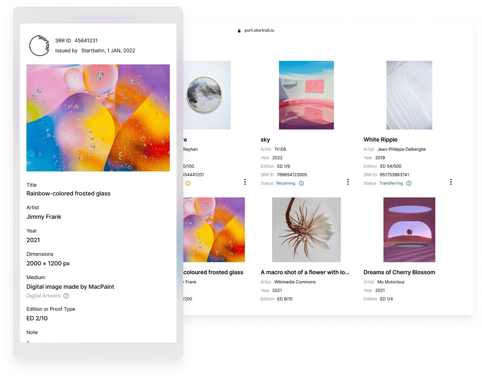 Startrail PORT dashboard showing a grid of digital artworks with a detailed panel displaying metadata for a selected piece, including title, artist, year, and edition information.