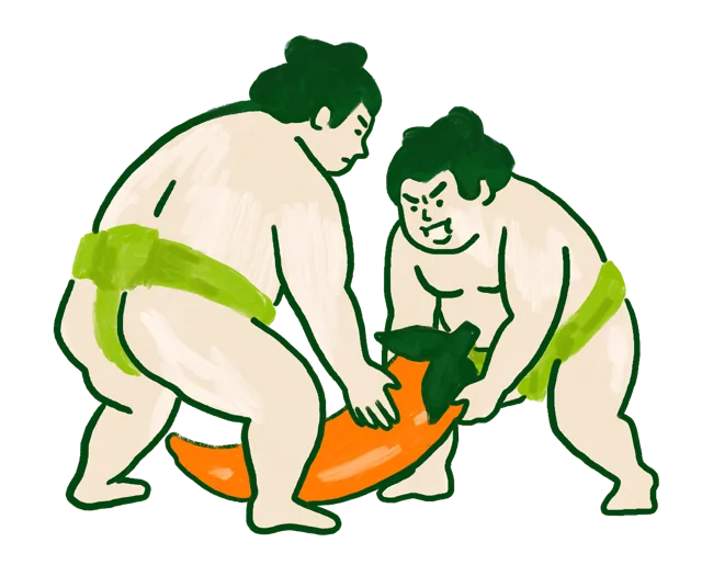 Ilustración de dos luchadores de sumo cargando un chile pimiento gigante