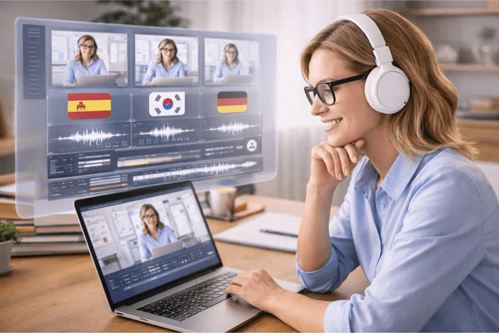 Educator reviewing automatic dubbing workflows for multilingual online course videos