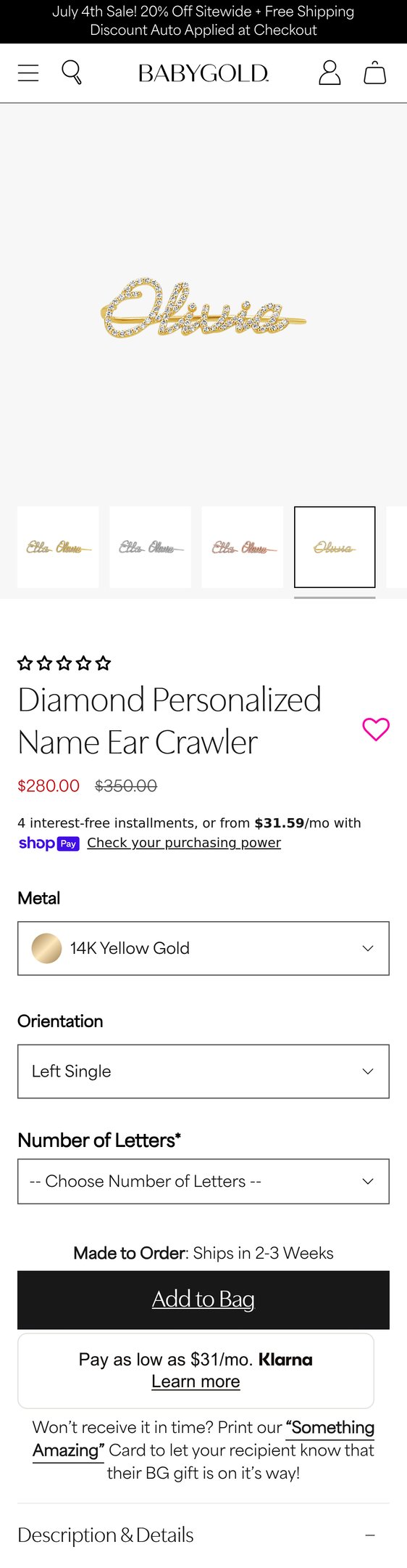 Jewelry product options include:  for 14K Gold Diamond Personalized Name Ear Crawler from Baby Gold.
