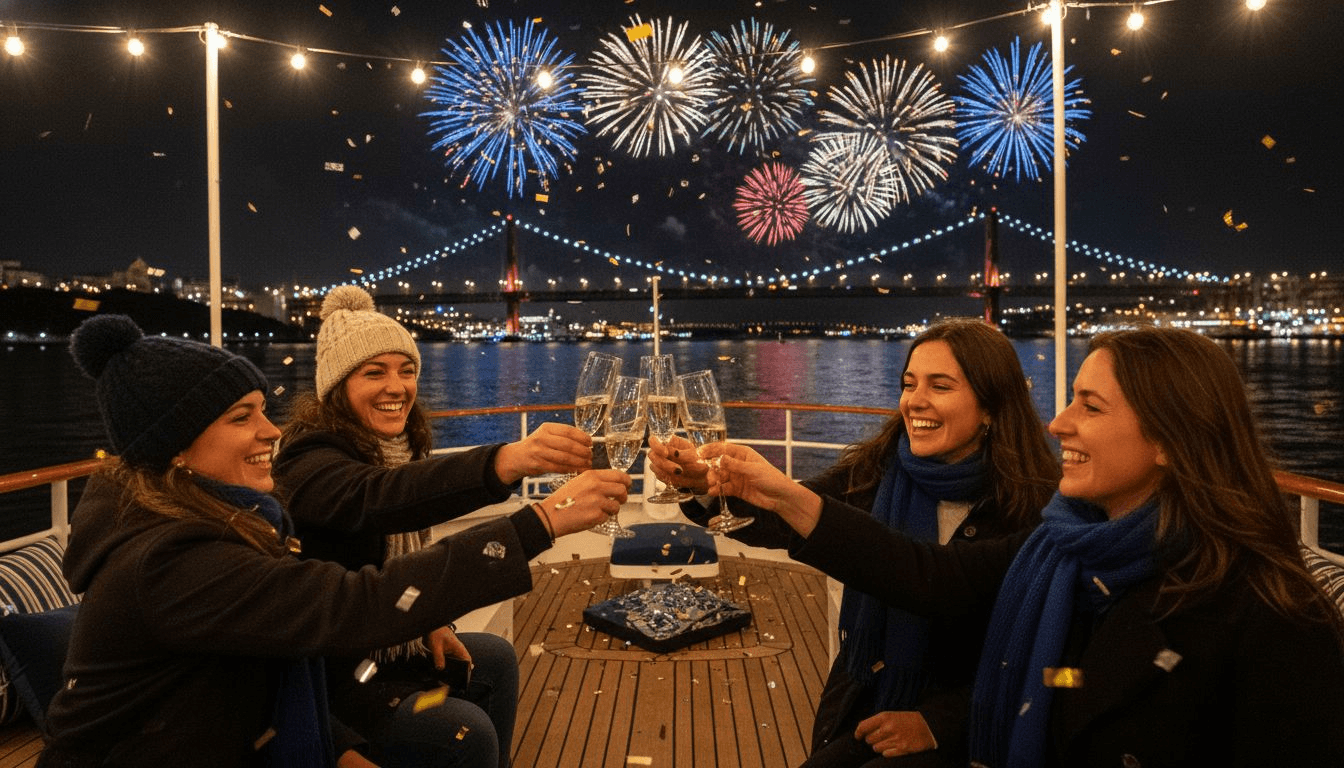 Passengers toasting on a Tagus River cruise with Lisbon fireworks in the background