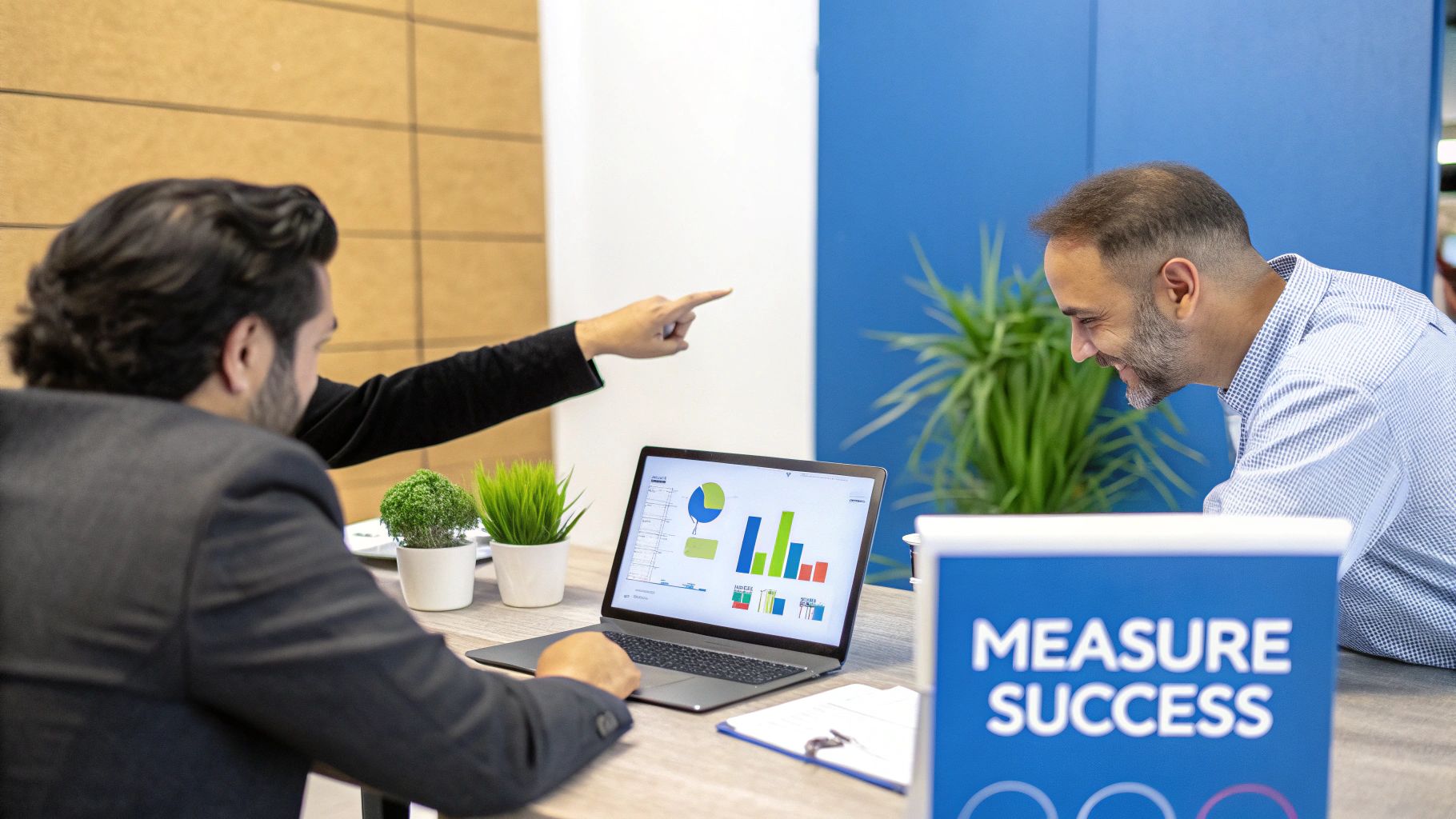 Two businessmen discuss data on a laptop displaying charts, one pointing, near a 'Measure Success' sign.
