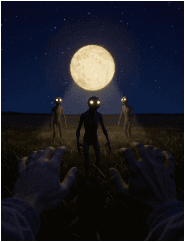 Dolunay altında yeşil gözlü varlıklar yaklaşırken kişinin elleri önde — Asteria rüya görselleştirme 3/4.