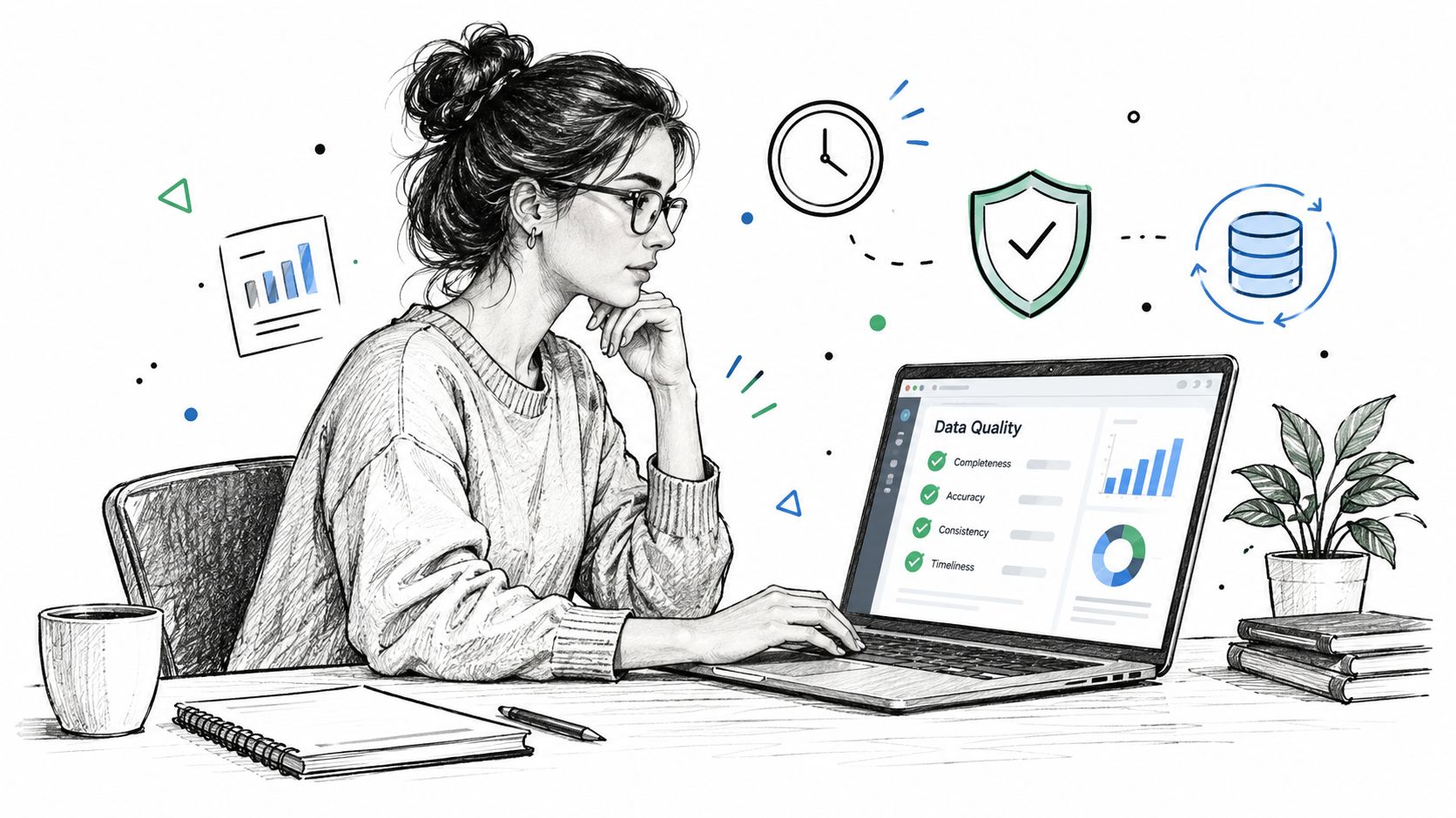 A woman working on a laptop showcasing data quality metrics including completeness, accuracy, consistency, and timeliness.