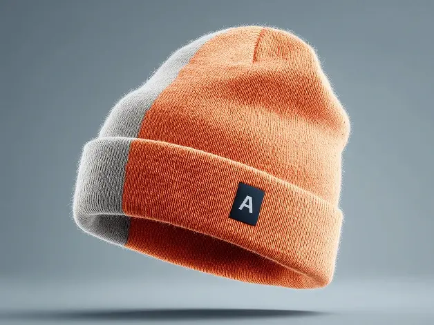 Orange and gray knitted beanie floating over a soft blue background.