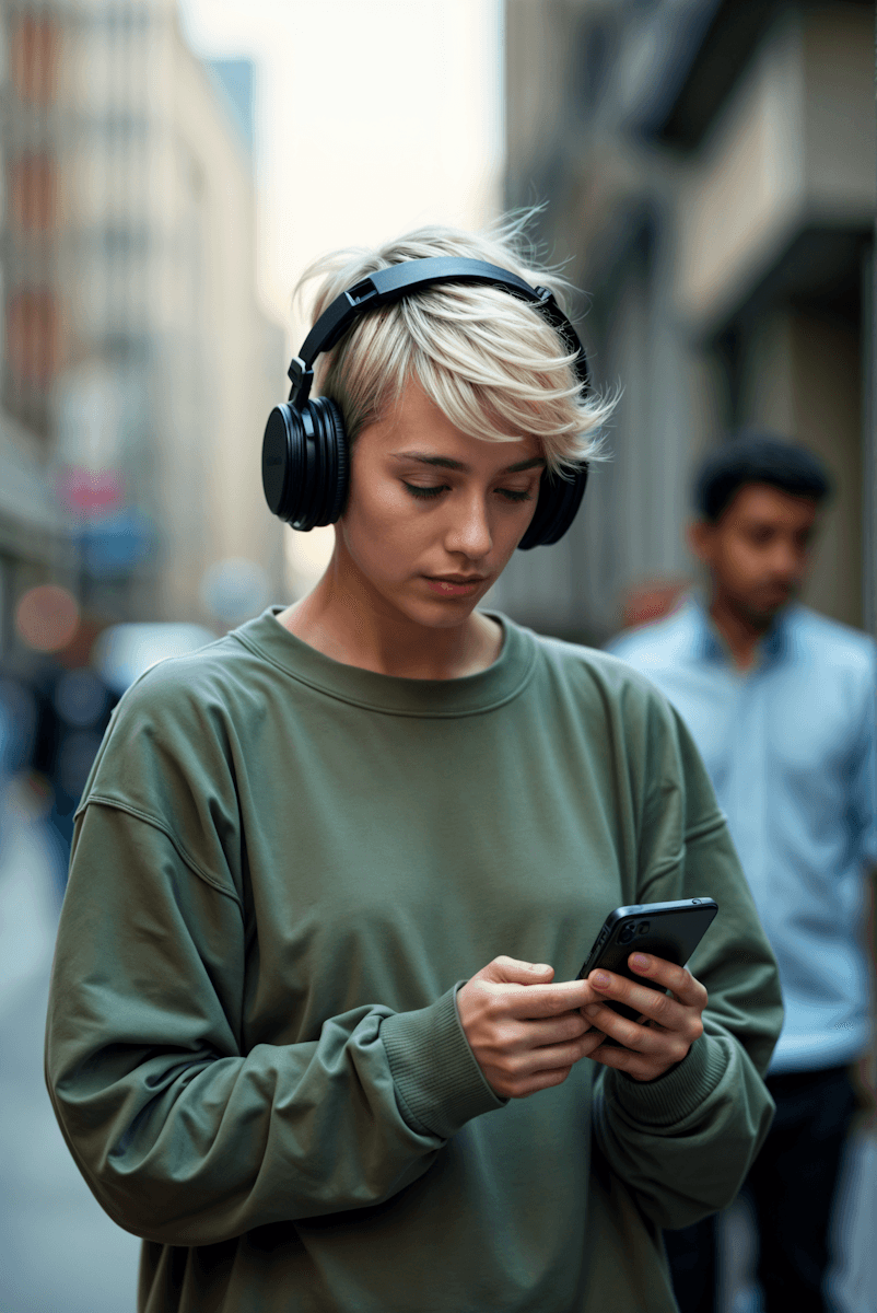Woman with short hair wearing headphones, looking at her phone outdoors.
