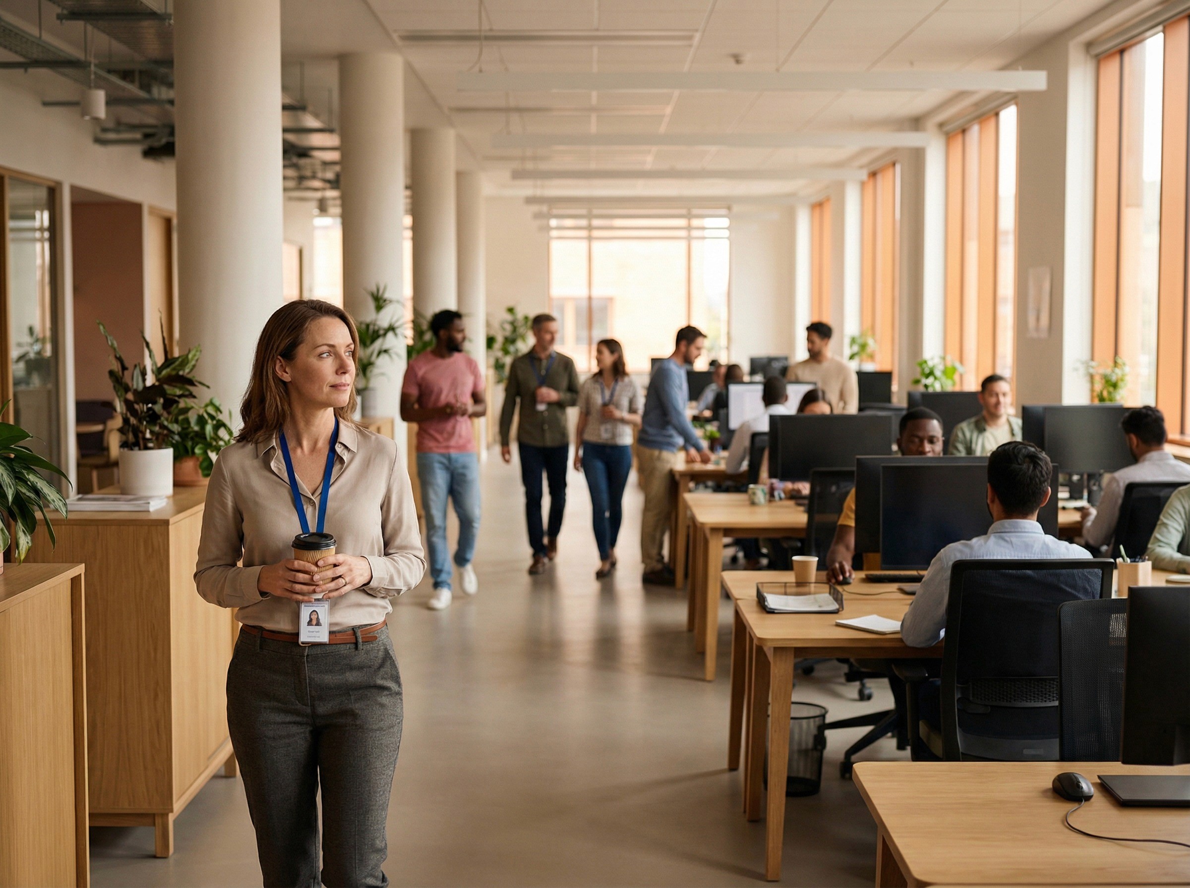 A wide, contemplative shot of a large open-plan office taken from ground level at the far end of the floor, looking down the length of the space. The office is full and active — forty or fifty workers visible across the frame at varying distances, working at desks, moving between areas, talking in small groups. In the very foreground, slightly off-centre, a single figure stands still among the motion: a head of workplace safety in her mid-40s, paused mid-walk with a coffee in hand, looking out across the floor with an expression of quiet, searching attention — not concern, not surveillance, but the focused gaze of someone trying to see something that is not yet visible. The scene captures the foundational question the entire risk intelligence pillar exists to answer: what is actually happening across this workforce, and where does it concentrate?