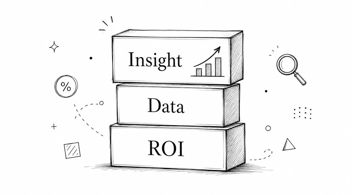 A conceptual diagram showing a stack of three blocks labeled Insight, Data, and ROI with icons.