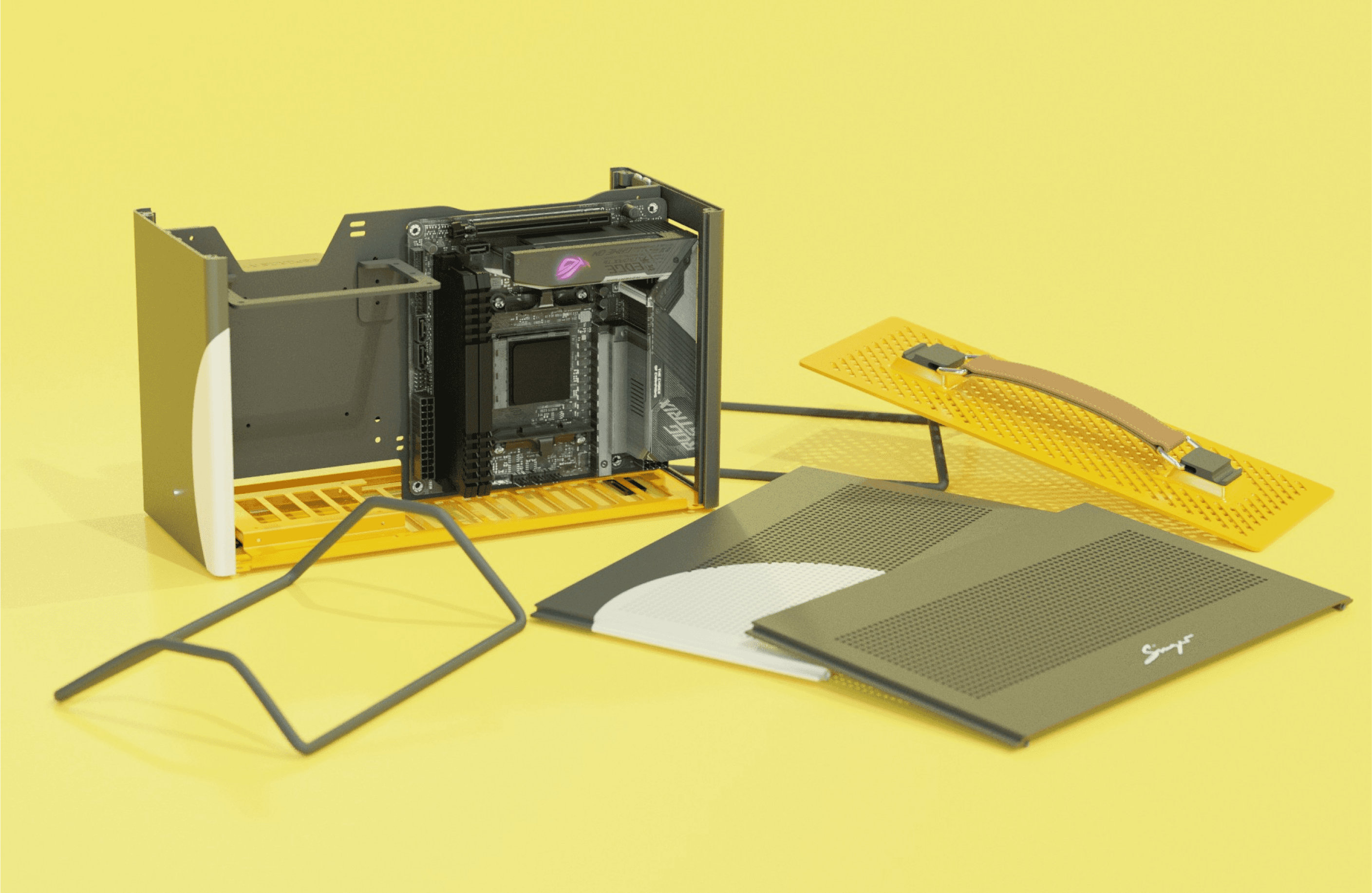Computer rendered image of custom computer frame, yellow background.