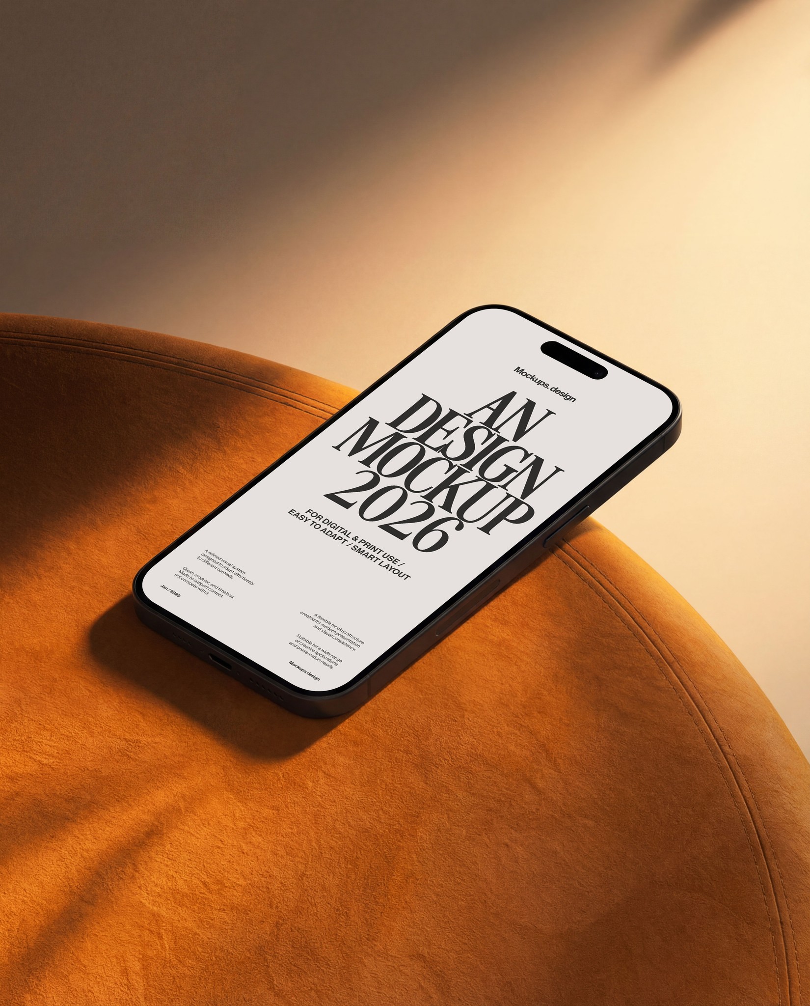 iPhone 16 mockup on couch, lifestyle home scene