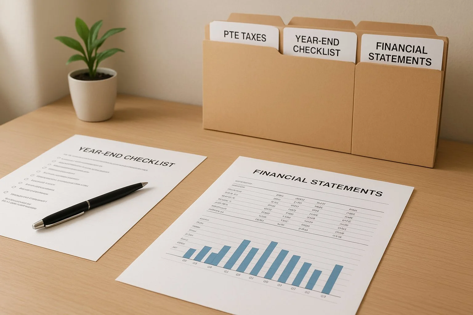 Clean desk with neatly arranged financial documents, a calculator, and labeled folders for PTE taxes, a year-end checklist, and financial statements in soft natural light.