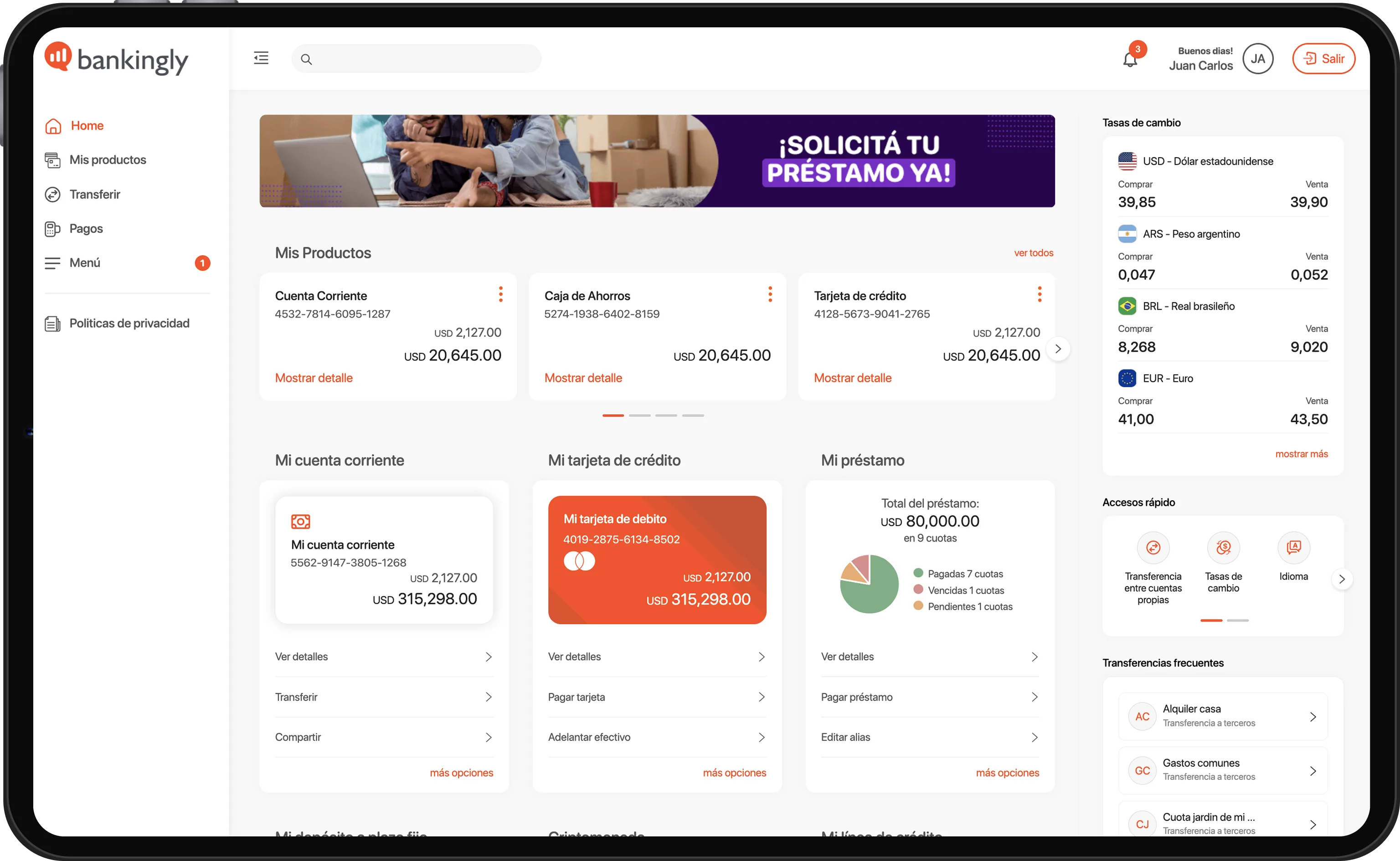 Panel principal de una aplicación de banca digital con resumen de cuentas, tarjetas, préstamo, tipos de cambio y accesos rápidos.