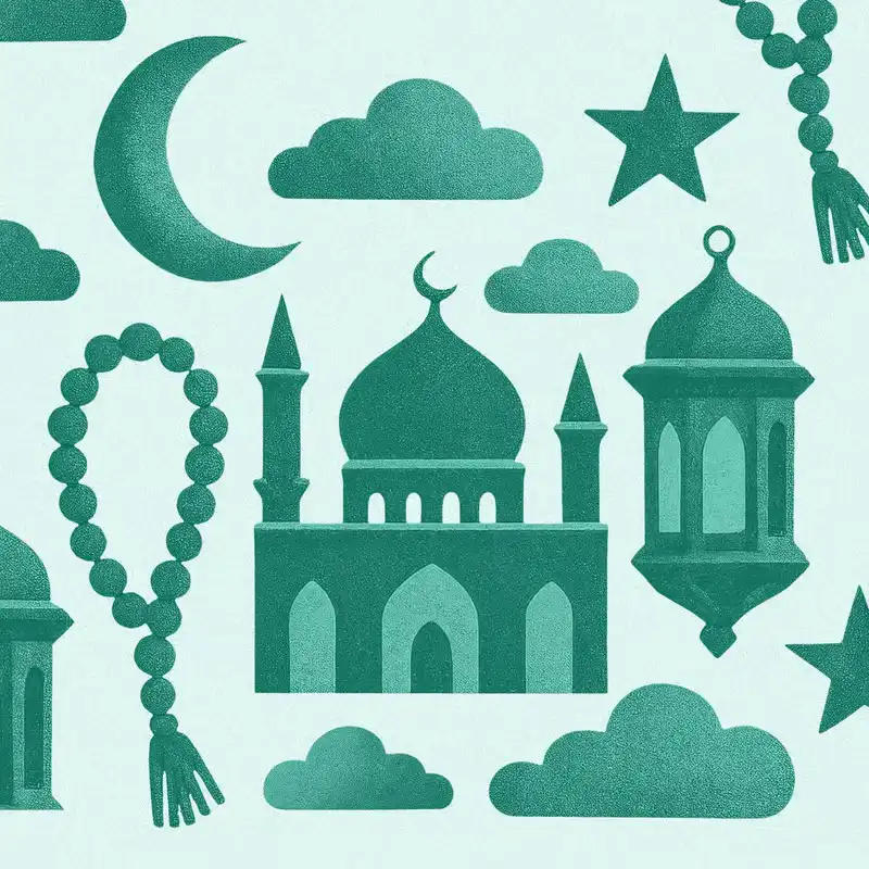Patterned illustration with Islamic motifs: a mosque, prayer beads, crescent moons, stars, lanterns, and clouds, all in shades of green against a light background.