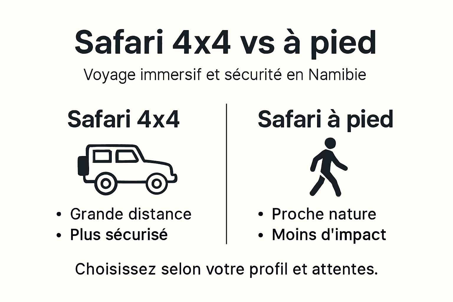 Infographie : les essentiels des safaris en 4x4 et à pied