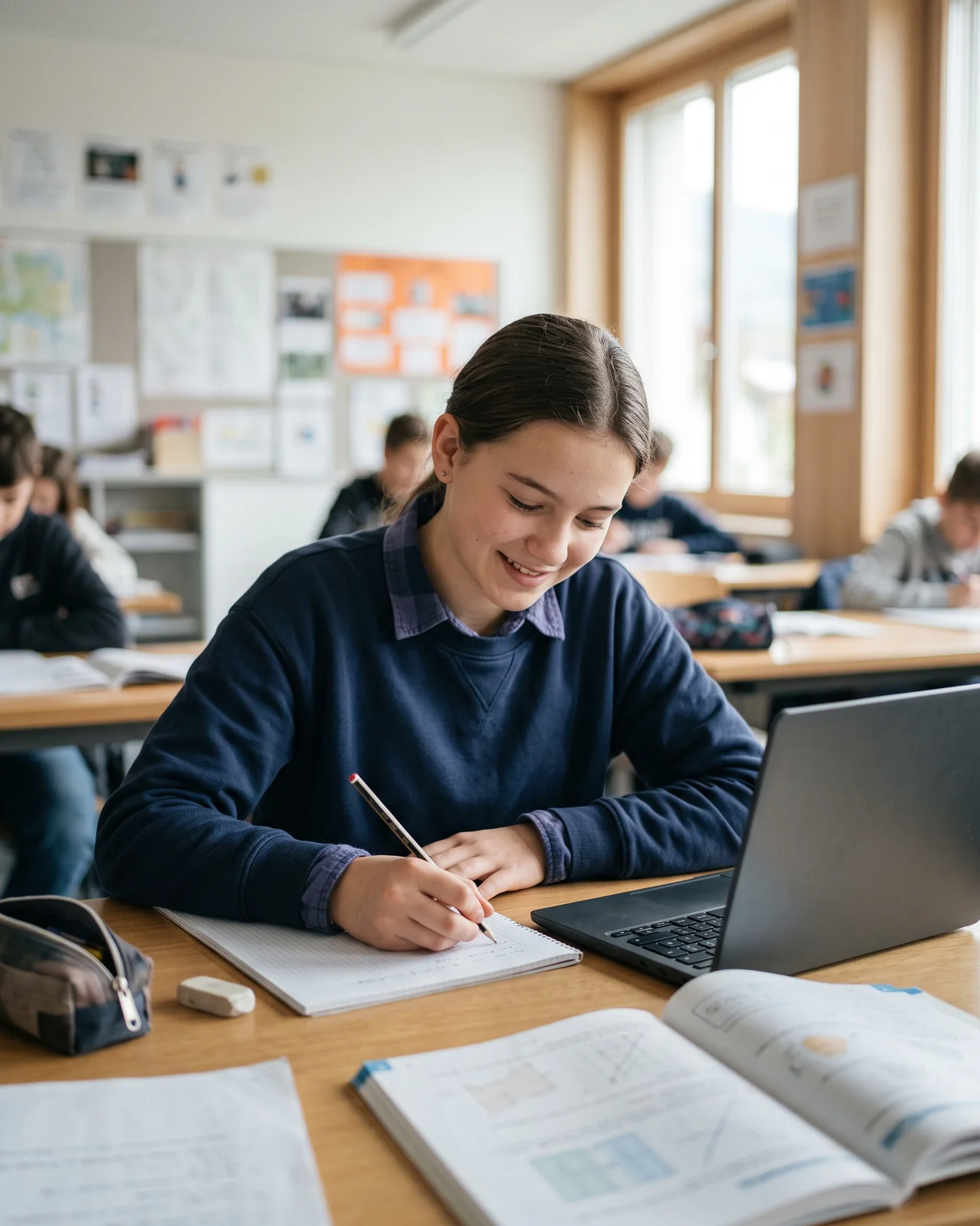 Eine Lernende löst im Klassenzimmer eine Mathematikaufgabe im Heft