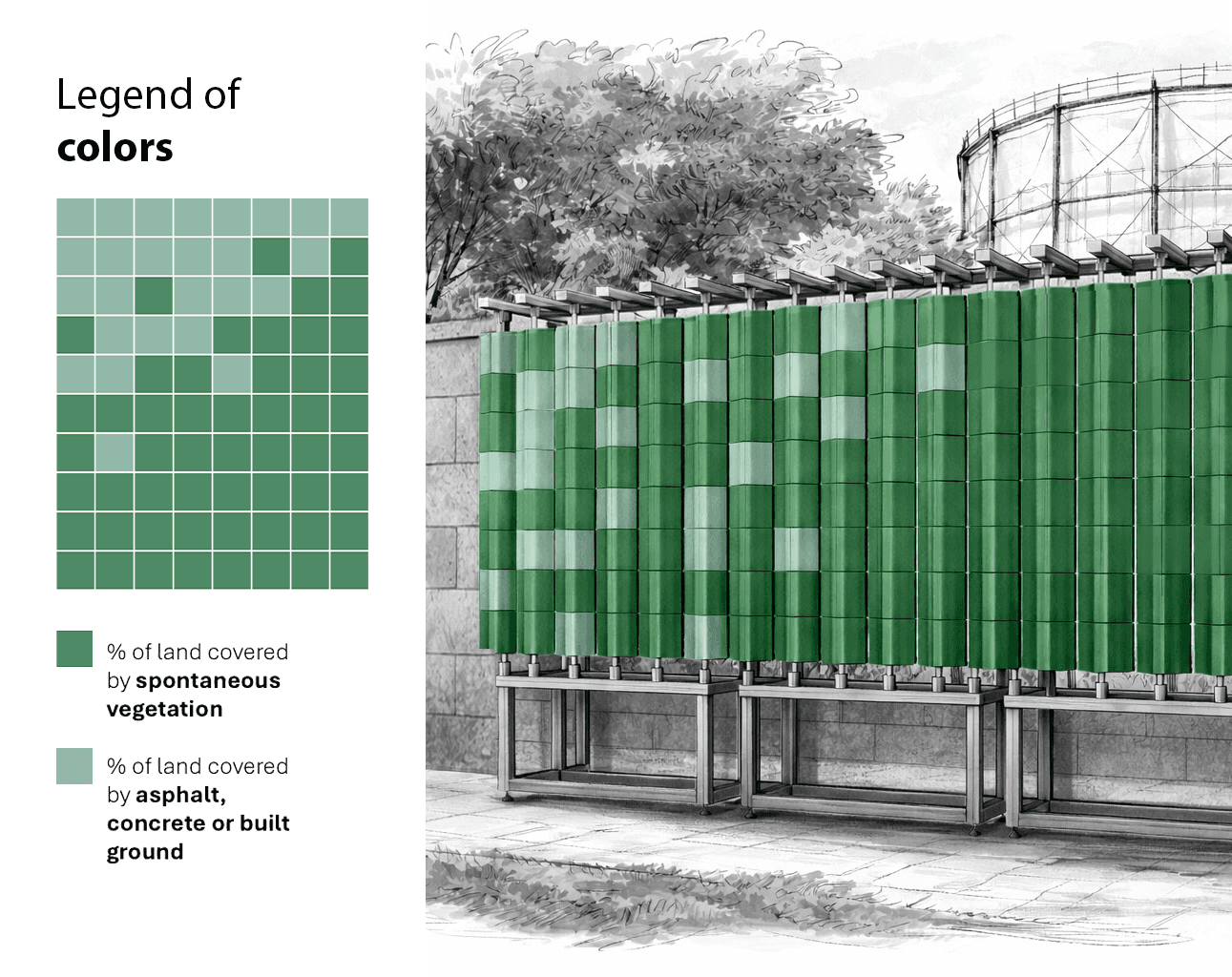 Data visualization legend and rendering of the DIAPHRAGM installation showing vegetation coverage through shades of green tiles.