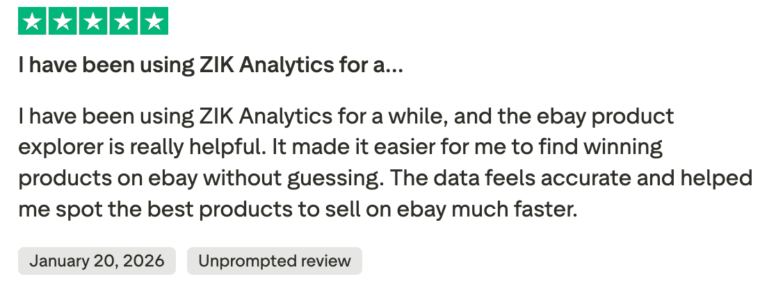 Trustpilot review for ZIK Analytics eBay product explorer