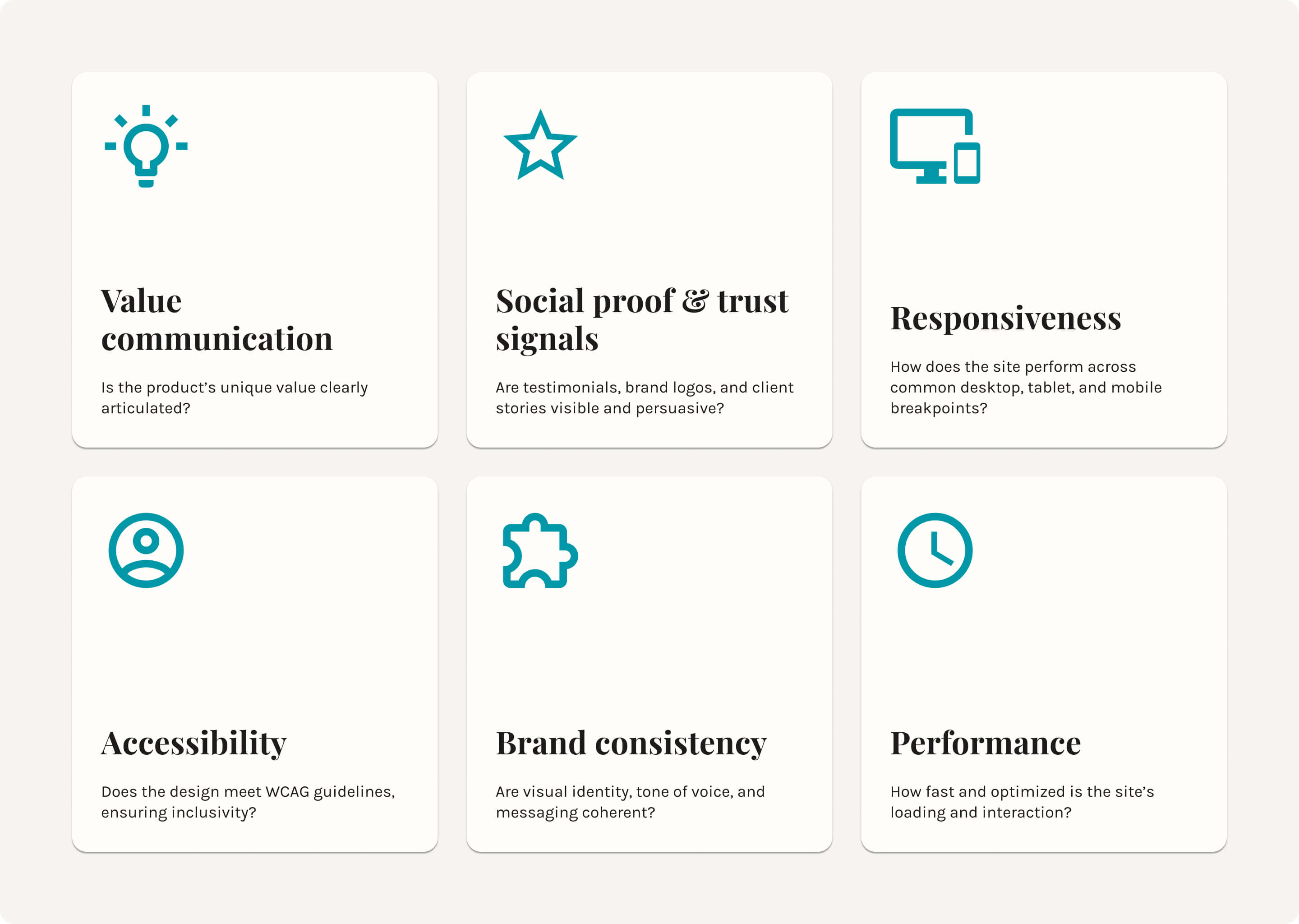 List of key focus areas for the InsERT S.A. UX audit, including value communication, social proof, responsiveness, accessibility, brand consistency, and performance.