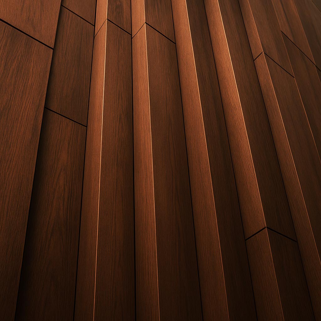 Dark brown wooden façade with detailed grain texture and layered vertical geometry.