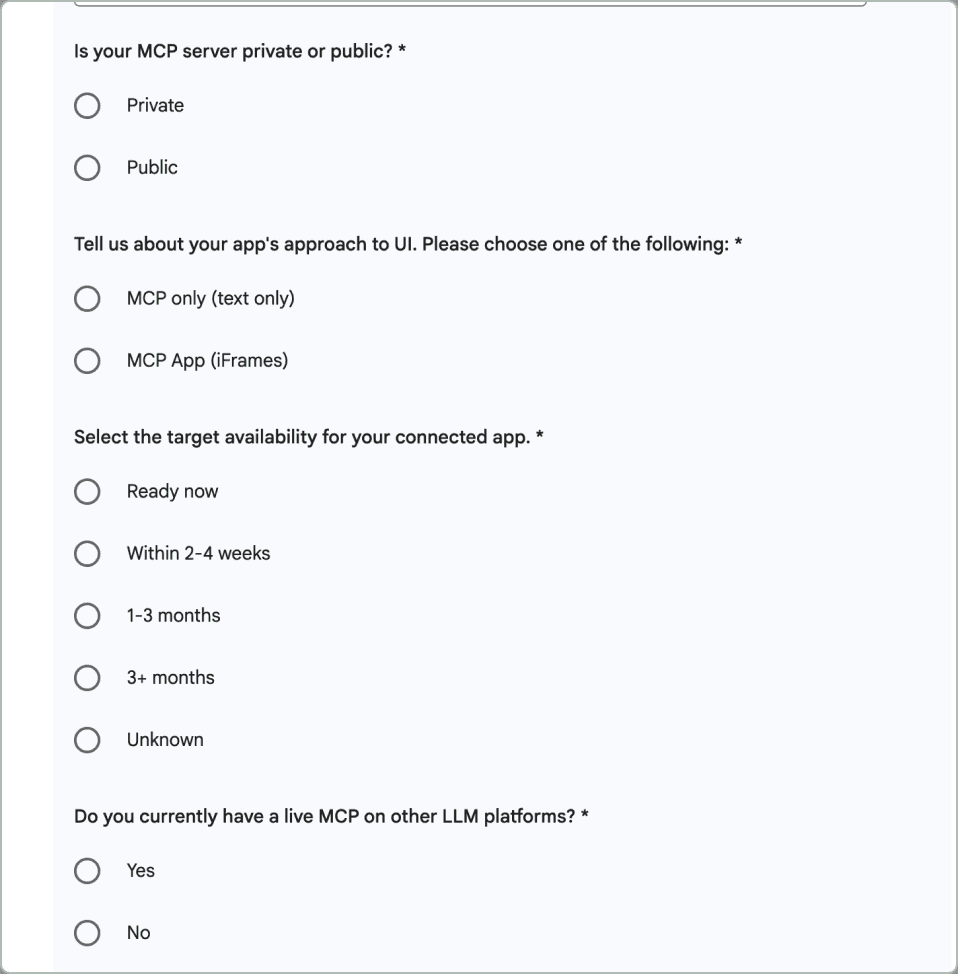 Google's Connected Apps application form, with questions on server visibility, UI approach (MCP only or MCP App), target availability and live MCP servers on other platforms.