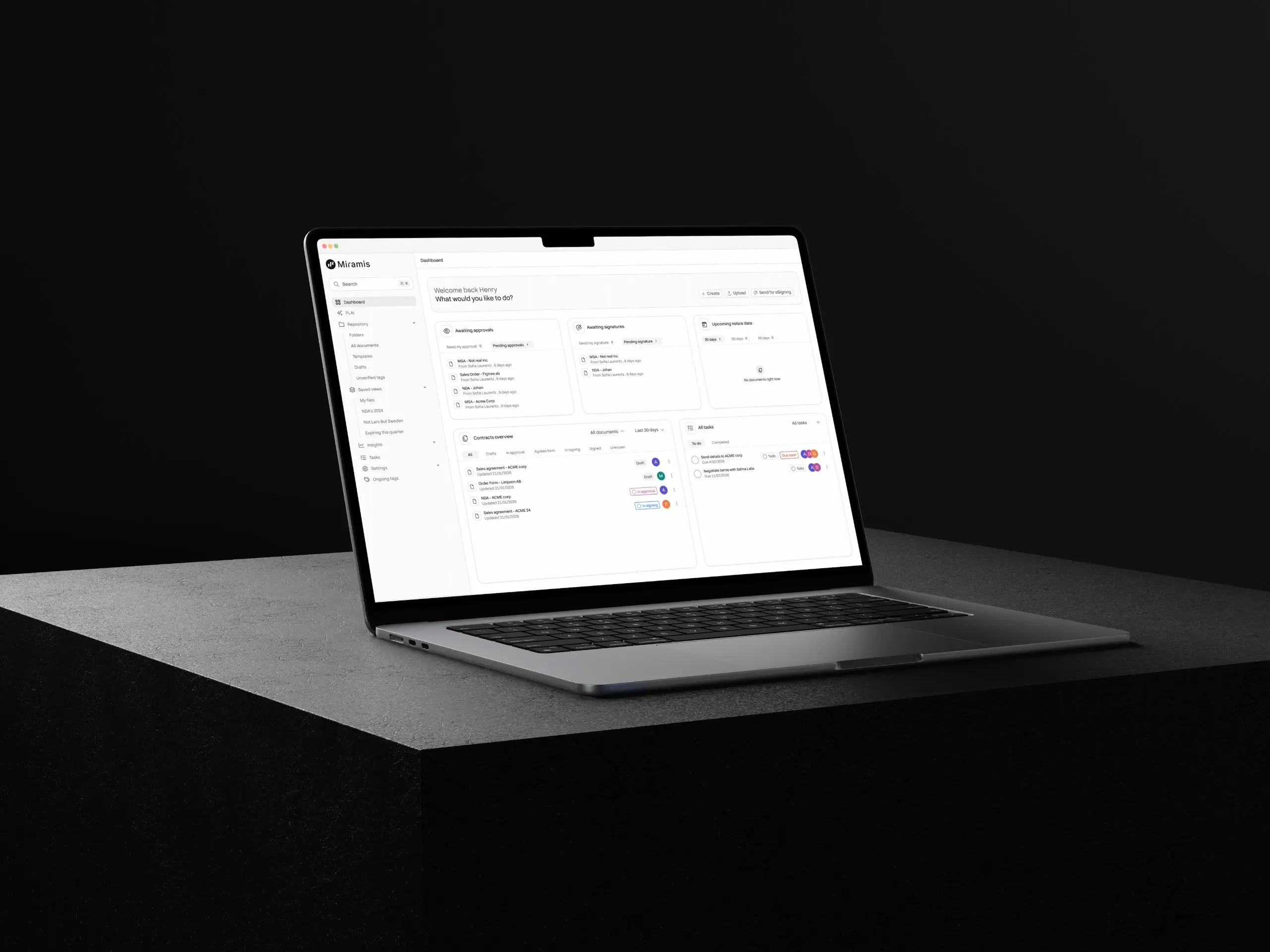 AI-based contract management software Pocketlaw for businesses of all sizes (small, medium, large), showcasing a user-friendly dashboard that streamlines legal workflow for clients and customers with options to create, review, and upload documents, access templates, and monitor document statistics.