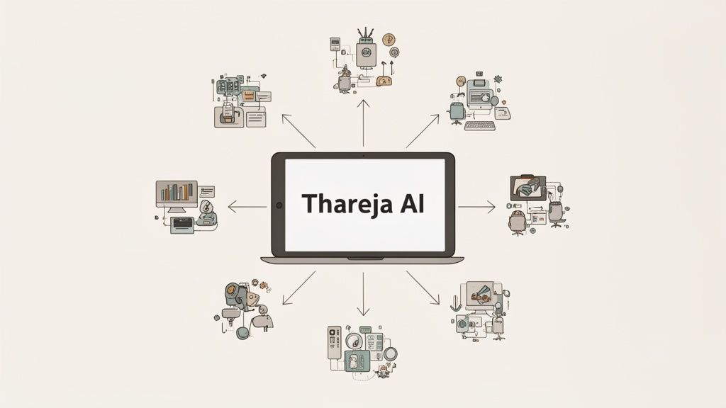 Diagram showing 'Thareja AI' on a laptop, connecting to diverse industry applications like media, finance, and automation.