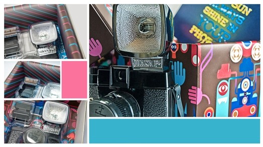 close-up of film camera in a box, and some detail photos of the box
