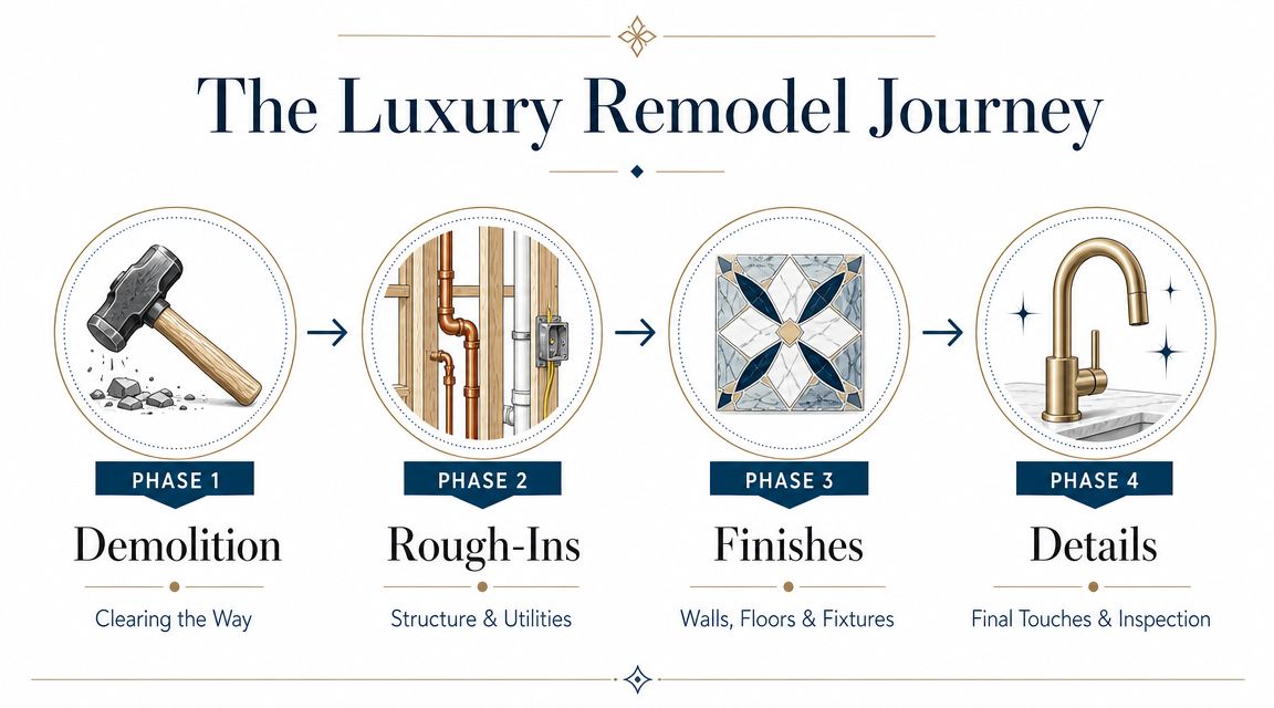 A four-phase infographic showing the stages of a luxury home remodel from demolition to final details.