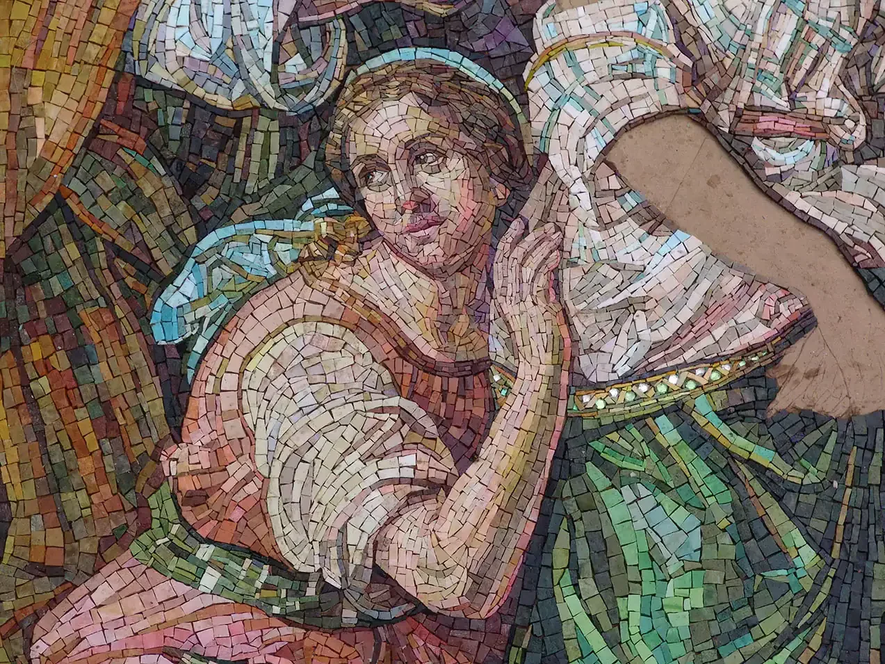Detailed mosaic artwork of Mary Magdalene from Christian religious scene.