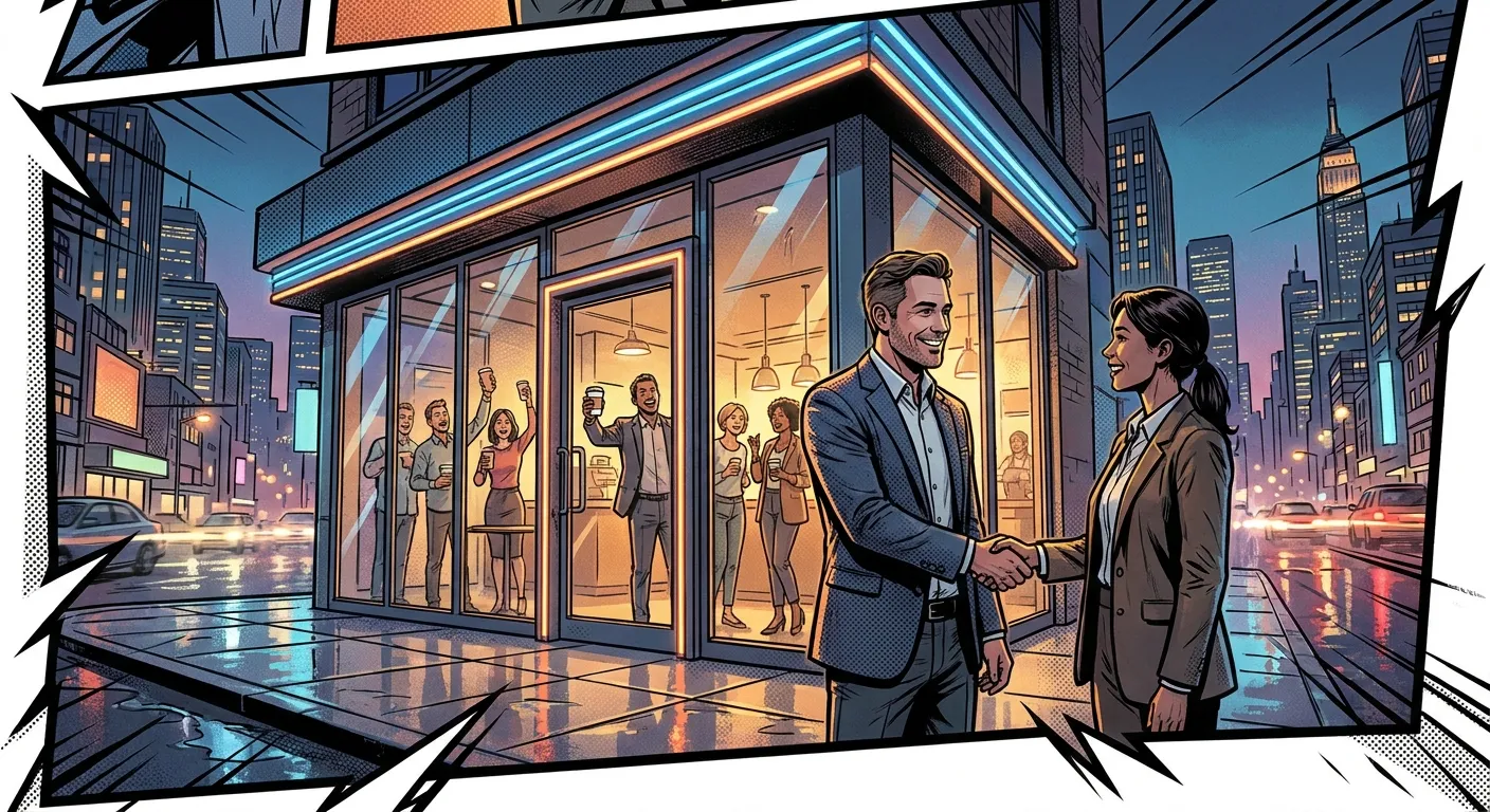 Two professionals shake hands outside RockN' Socials digital marketing agency.
