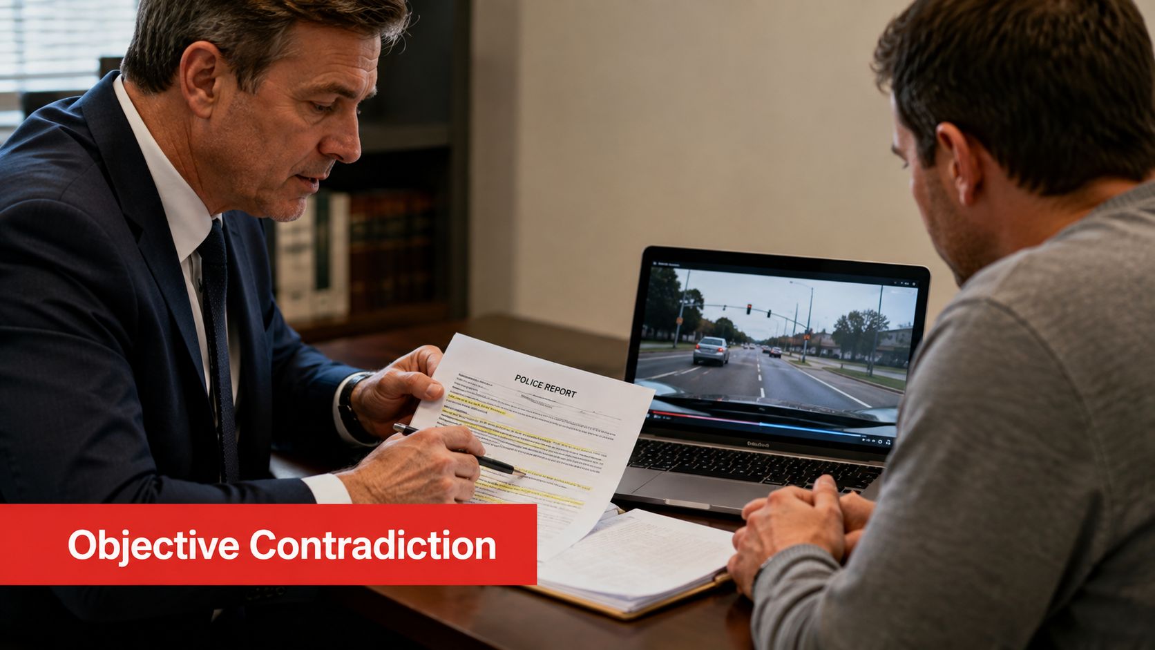 A professional lawyer reviewing a police report and dashboard camera footage with a client in an office.