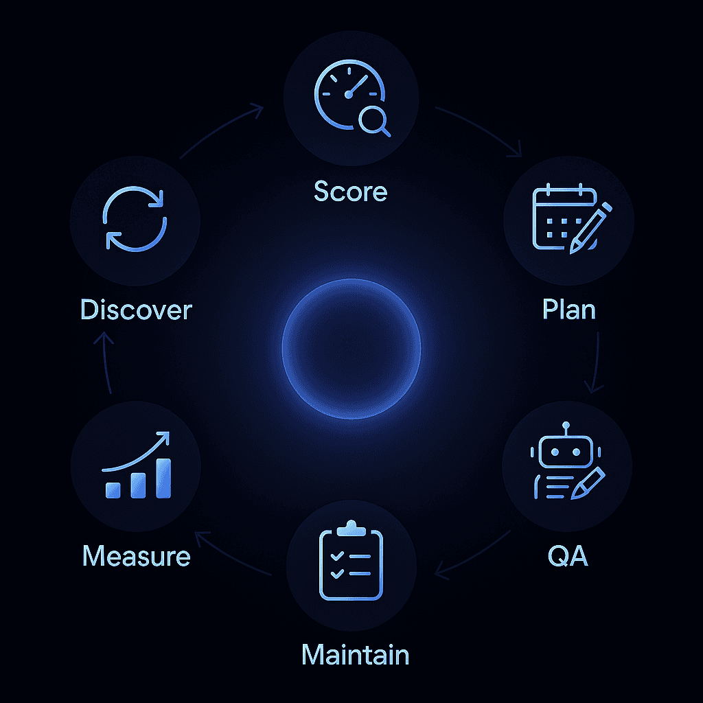 Circular diagram of seven repeating phases in an AI content refresh operating system
