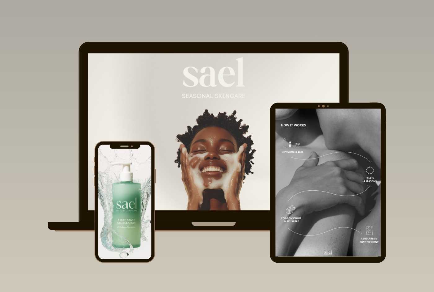 Sael Seasonal Skincare digital mockup showing product visuals across desktop, tablet, and mobile for a cohesive skincare brand identity.