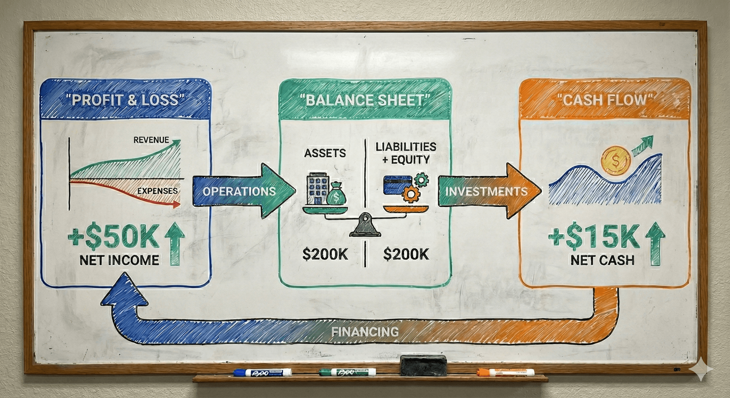 Three simplified financial statement panels labeled Profit & Loss, Balance Sheet, and Cash Flow connected by arrows.