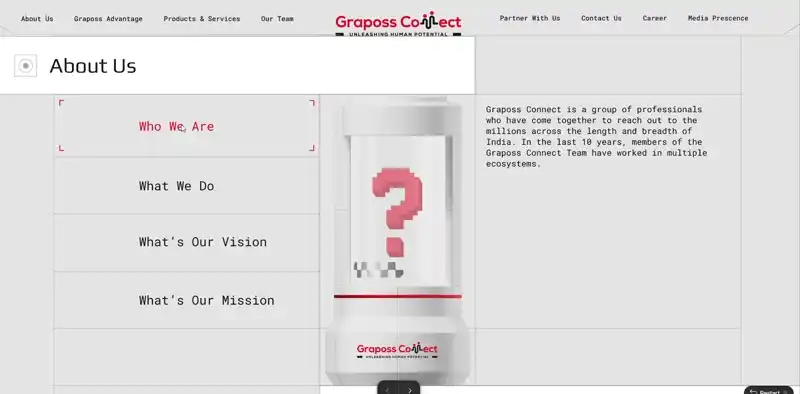 About Us in motion — vertical tabs swap the copy and animate a pixel-art icon inside the capsule