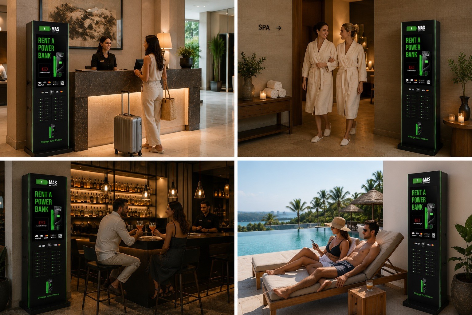A man taps to rent a portable charger from a tall MAS Battery kiosk inside a bright, modern luxury hotel lobby or resort lounge next to a swimming pool.