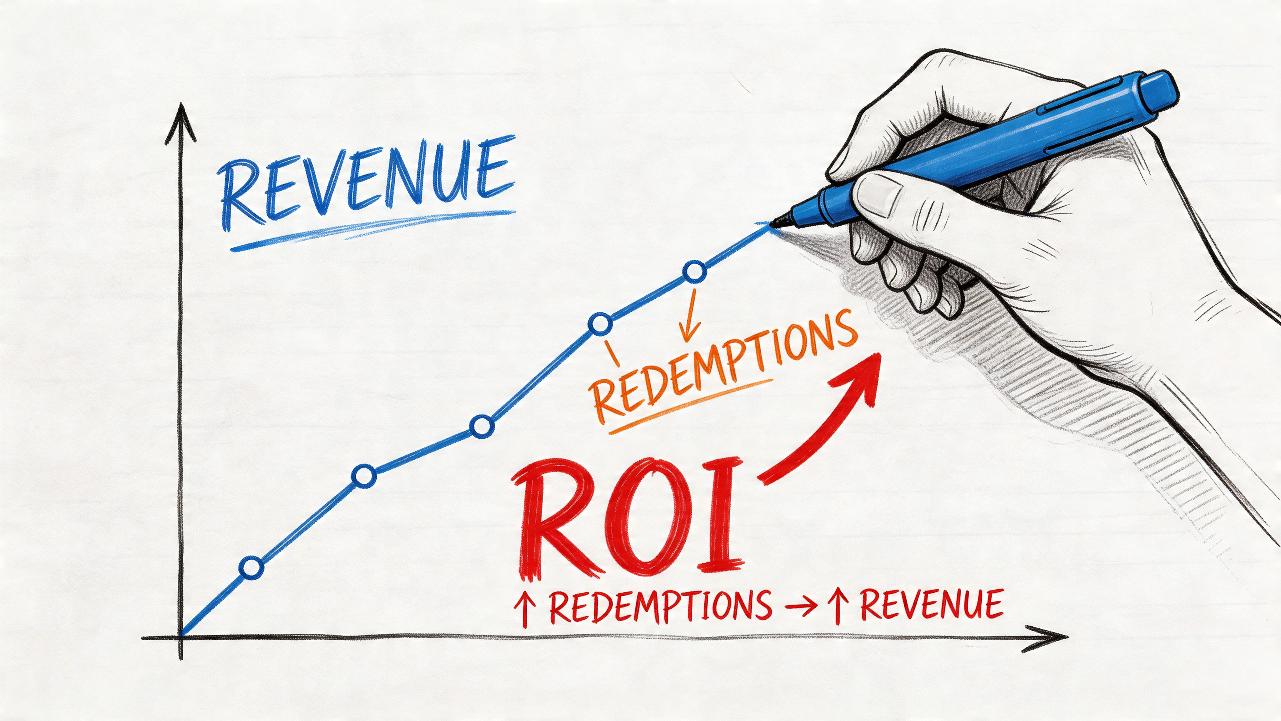 A hand drawing a rising line graph illustrating the positive relationship between redemptions and revenue to increase ROI.