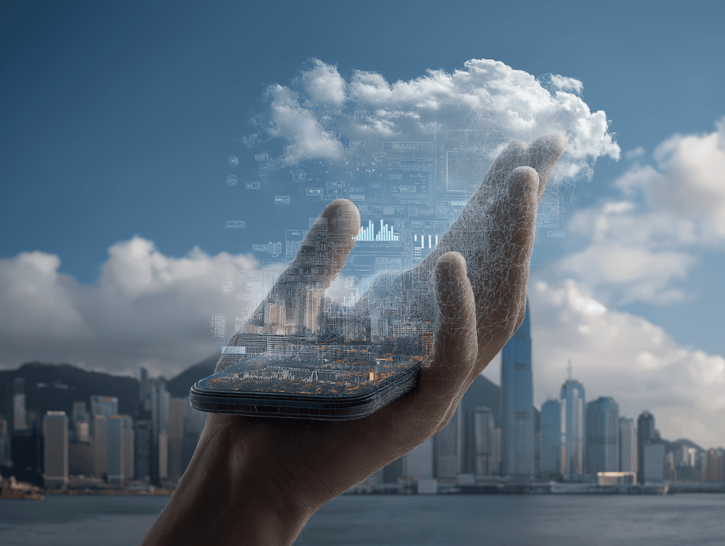 A hand holding a glowing digital interface above a city skyline, representing mobile access to real-time information.