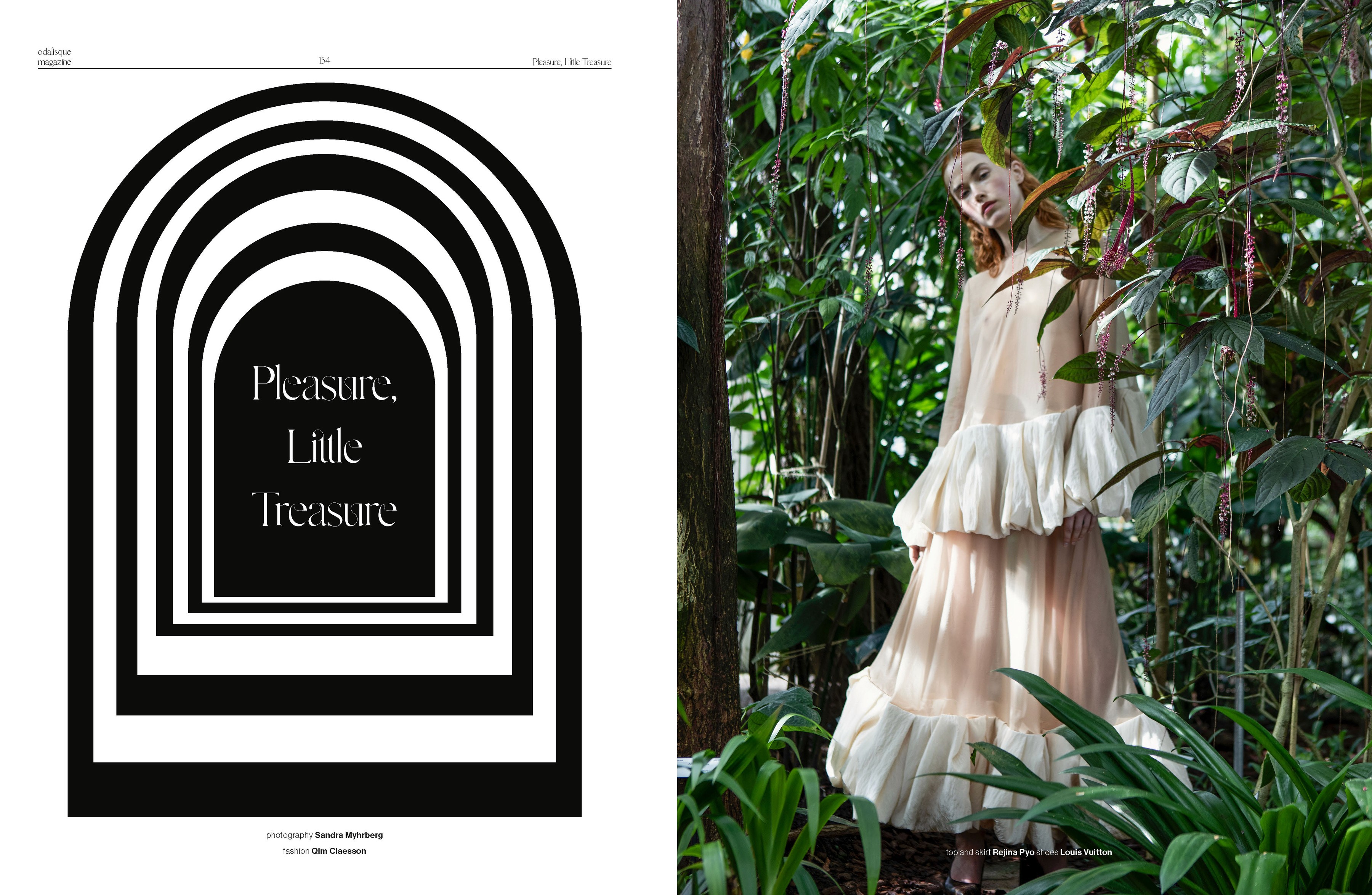 Nested black-and-white arches frame the title beside a full-page fashion portrait among trees.