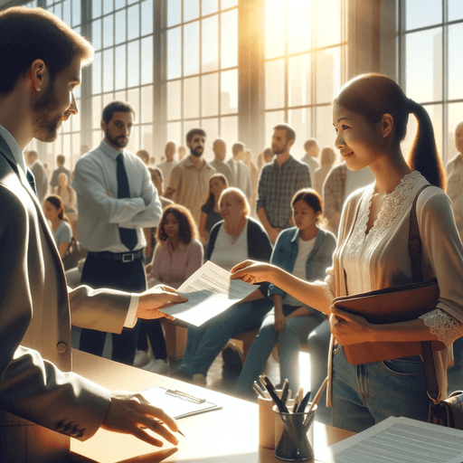 A hopeful applicant hands a letter of recommendation to an attentive immigration officer in a bustling office, symbolizing the start of many hopeful journeys under a light-filled, positive atmosphere.