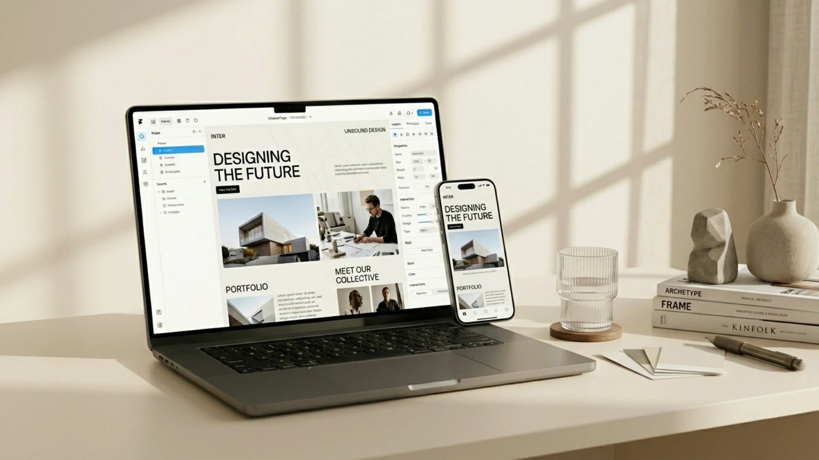 A laptop and smartphone mockup showing a responsive Framer website, highlighting seamless mobile optimization and modern web design.